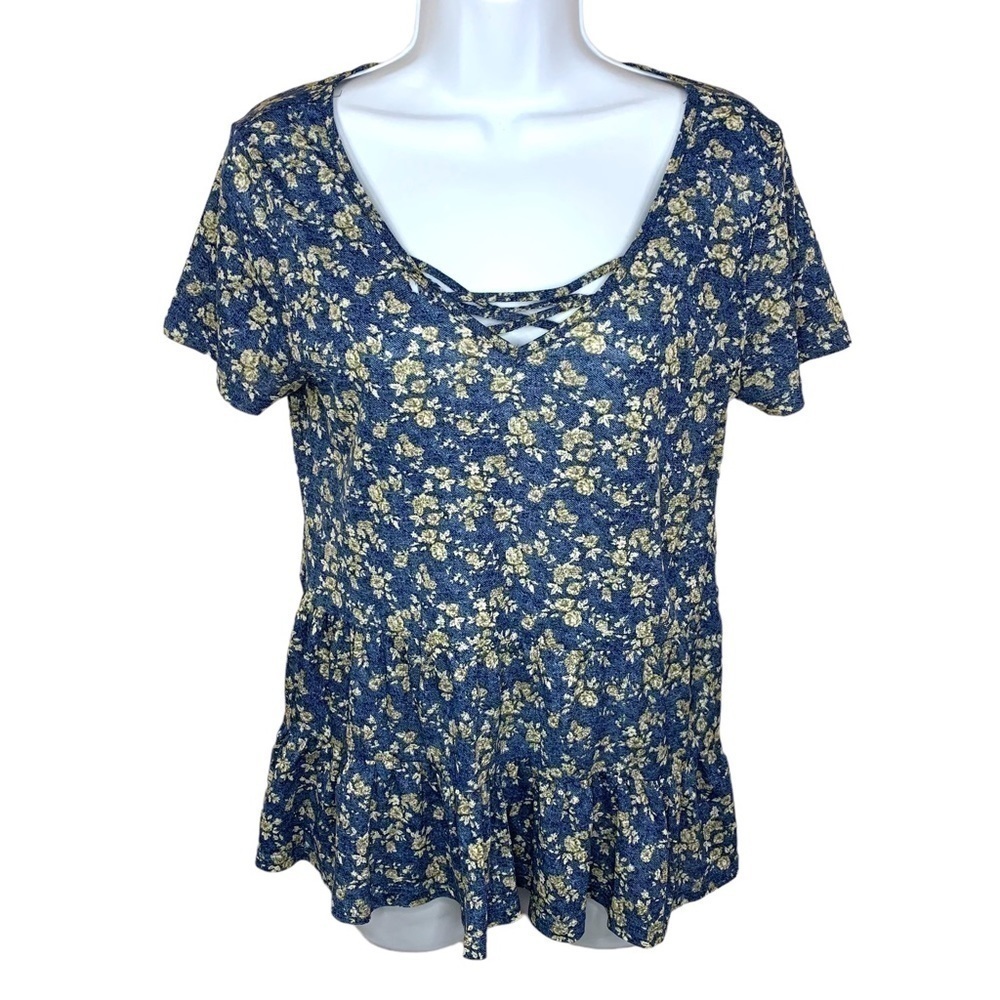 Naif Blue Beige Floral Peasant Blouse Top Stretch Medium Short Sleeve